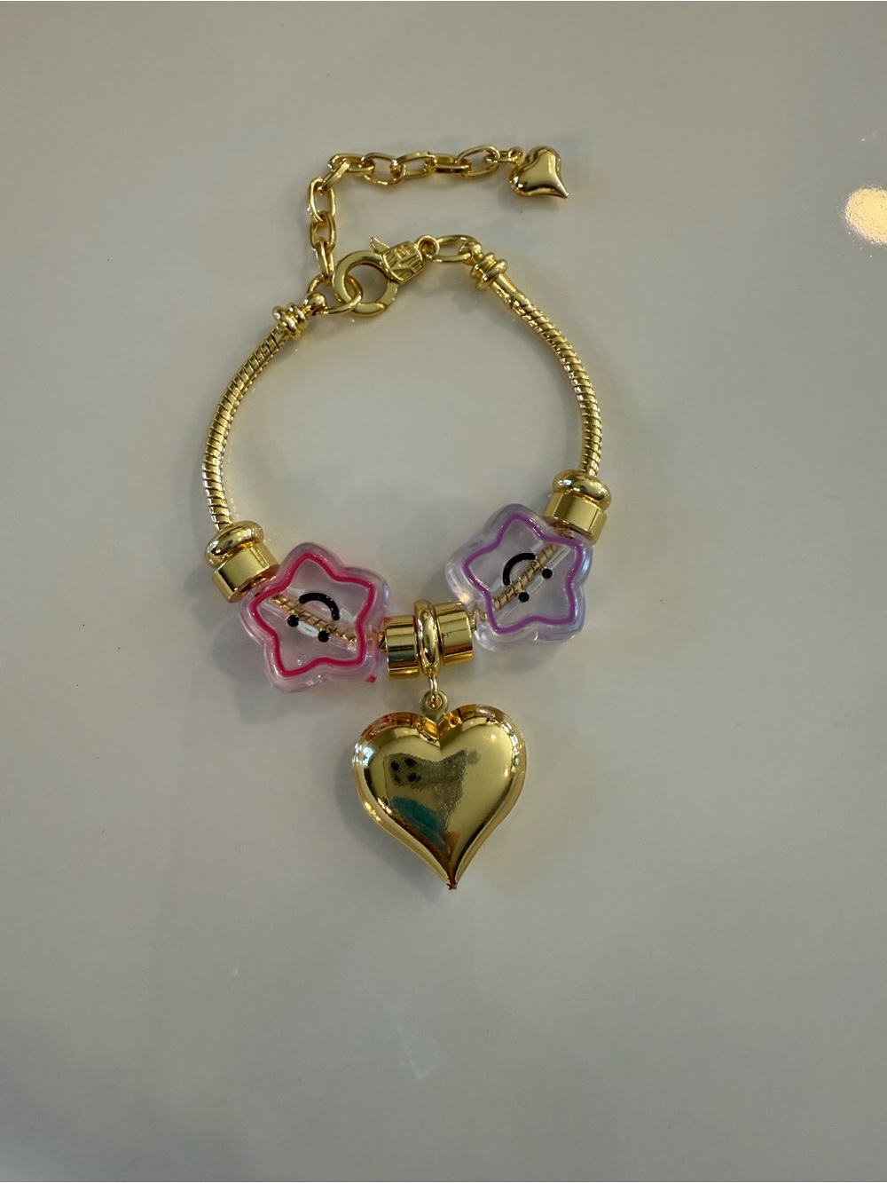 Gold Heart Charm Bracelet with Pink & Star Beads